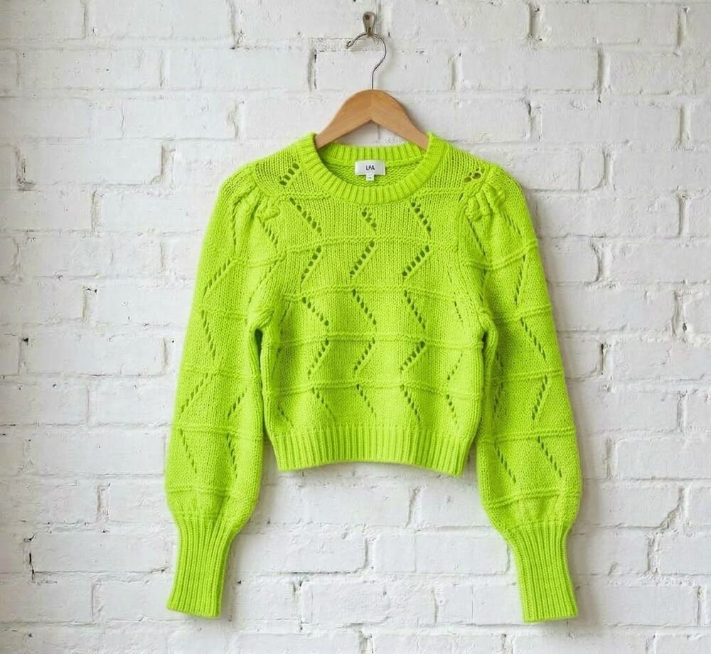 LPA Lime Green Alpaca Wool Knit Crop Sweater XS Balloon Sleeve Revolve